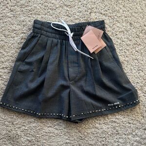 Miu Miu Virgin Wool Blend Galles Borchie Studded Shorts Sz 38 NWT